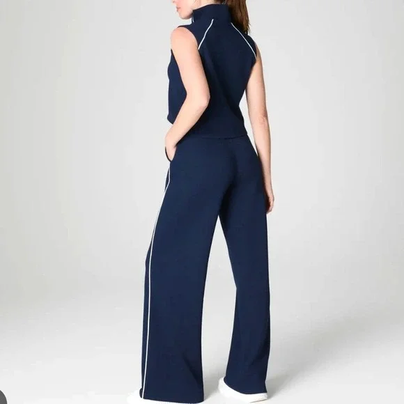 Spanx AirEssentials XL Pique Sleeveless Mockneck Jumpsuit Navy Wide Leg OpenBack - Picture 3 of 10